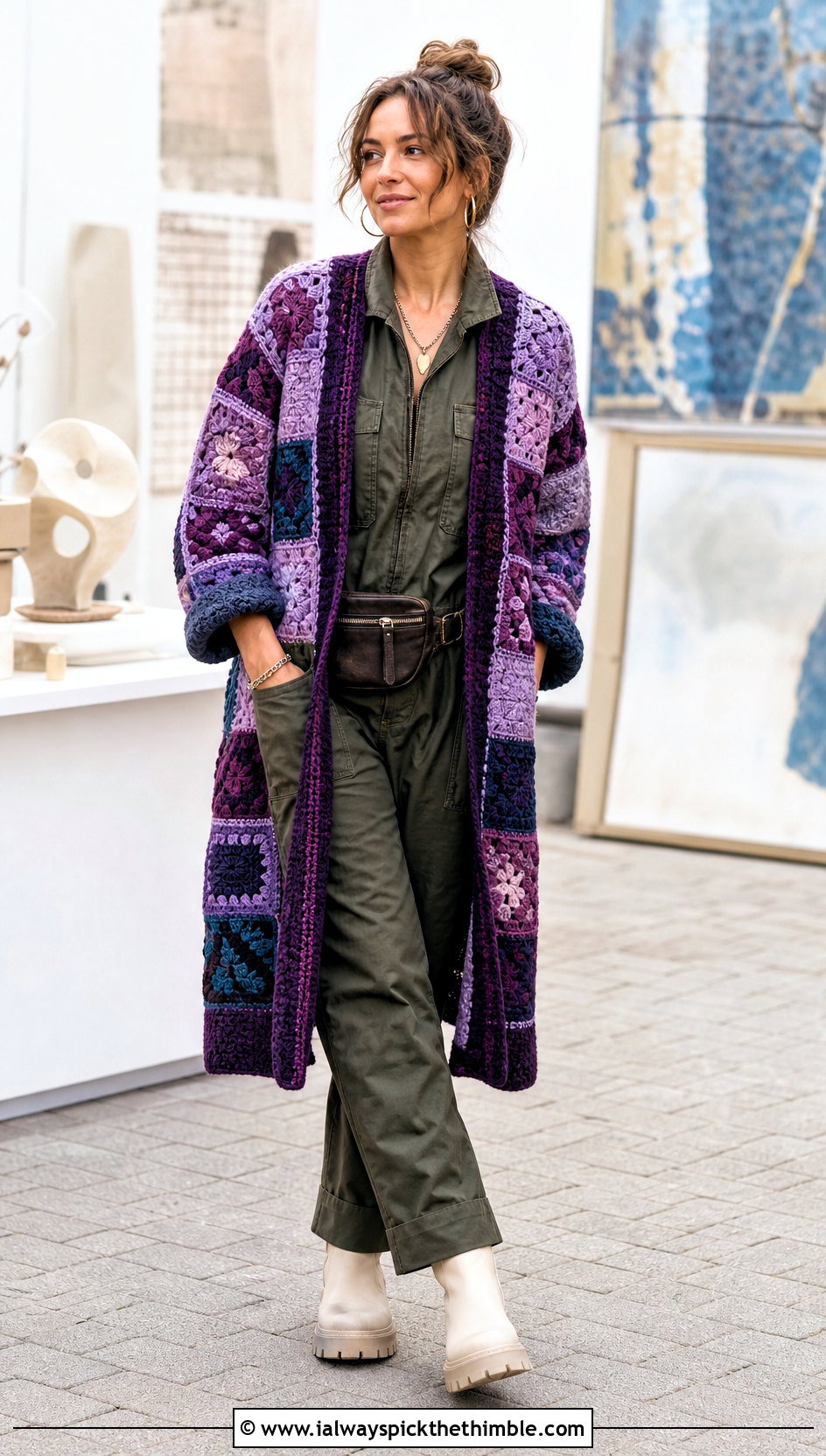 Patchwork Purple Crochet Cardigan With Utility Jumpsuit - 15 purple crochet cardigan on hanger outfit ideas
