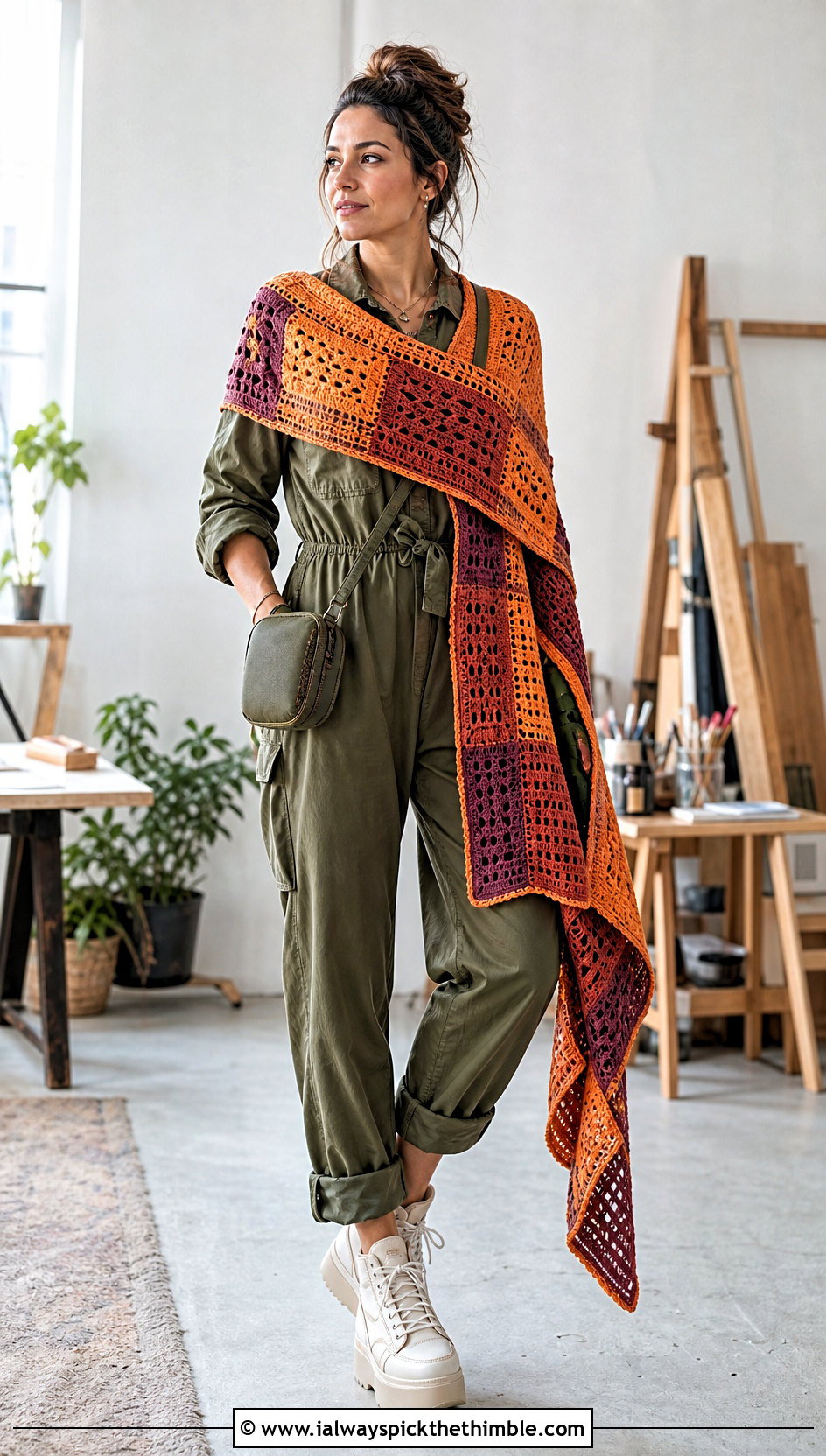 Patchwork Rectangle Crochet Boho Shawl With Utility Jumpsuit - 20 crochet boho shawl outfit ideas