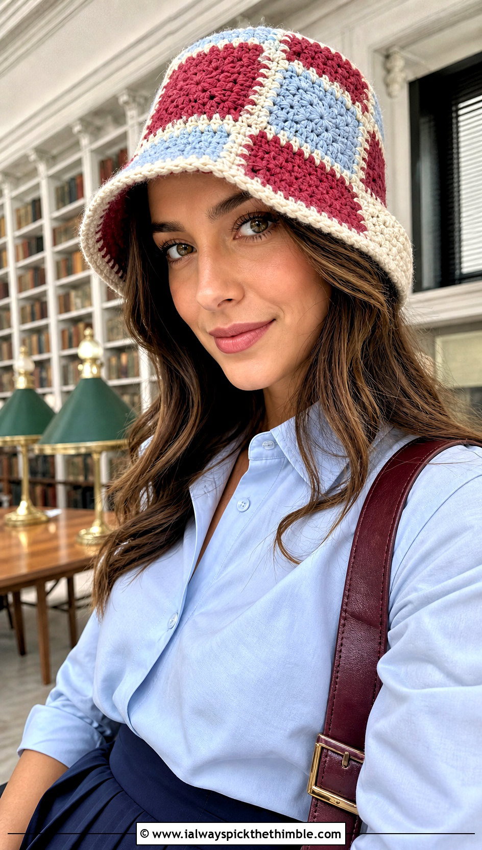 Patchwork Red Crochet Bucket Hat With Pleated Skirt - 20 red crochet bucket hat outfit ideas