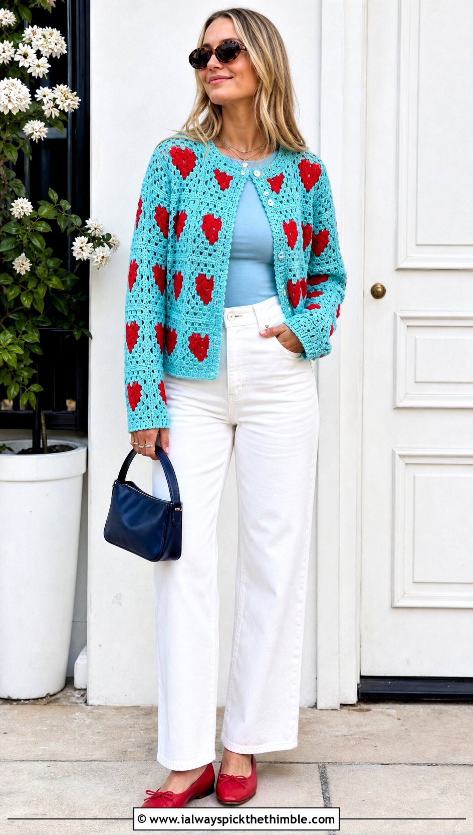 Patchwork Red Heart Granny Square Cardigan With White Jeans - 15 red heart granny square cardigan outfit ideas