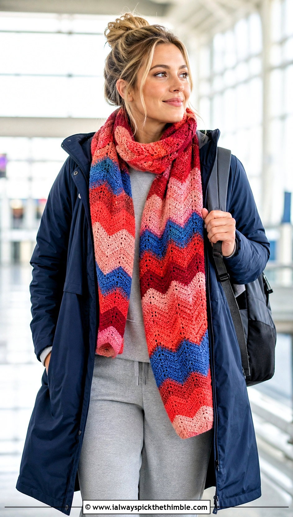Patchwork Ripple Zig Zag Crochet Scarf With Athleisure Set - 20 Zig Zag Crochet Scarf outfit ideas