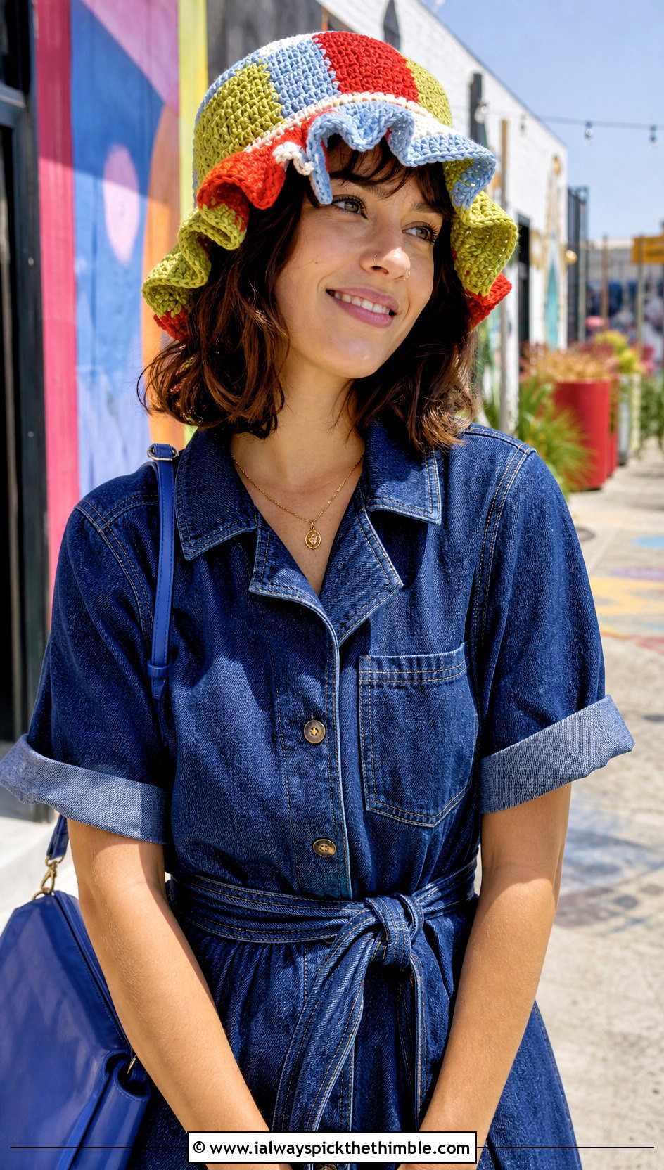 Patchwork Ruffle Crochet Bucket Hat With Denim Dress - 20 Crochet Bucket Hat With Ruffles outfit ideas