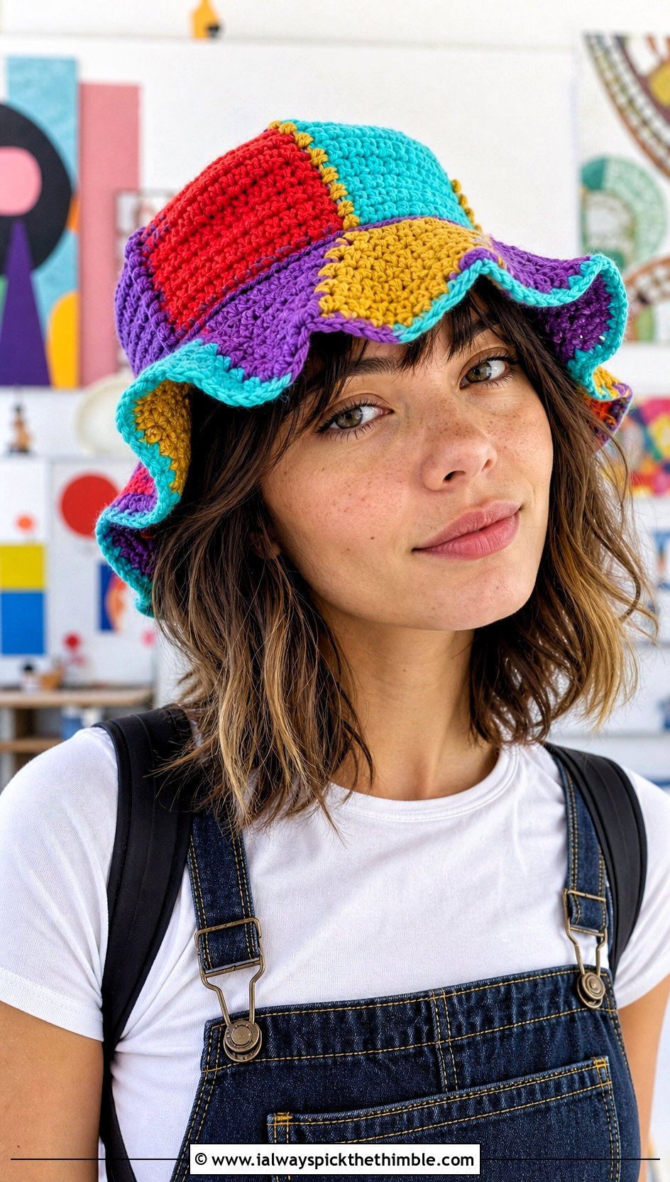 Patchwork Ruffle Crochet Hat With Overalls And Fitted Tee - 25 ruffled crochet hat outfit ideas