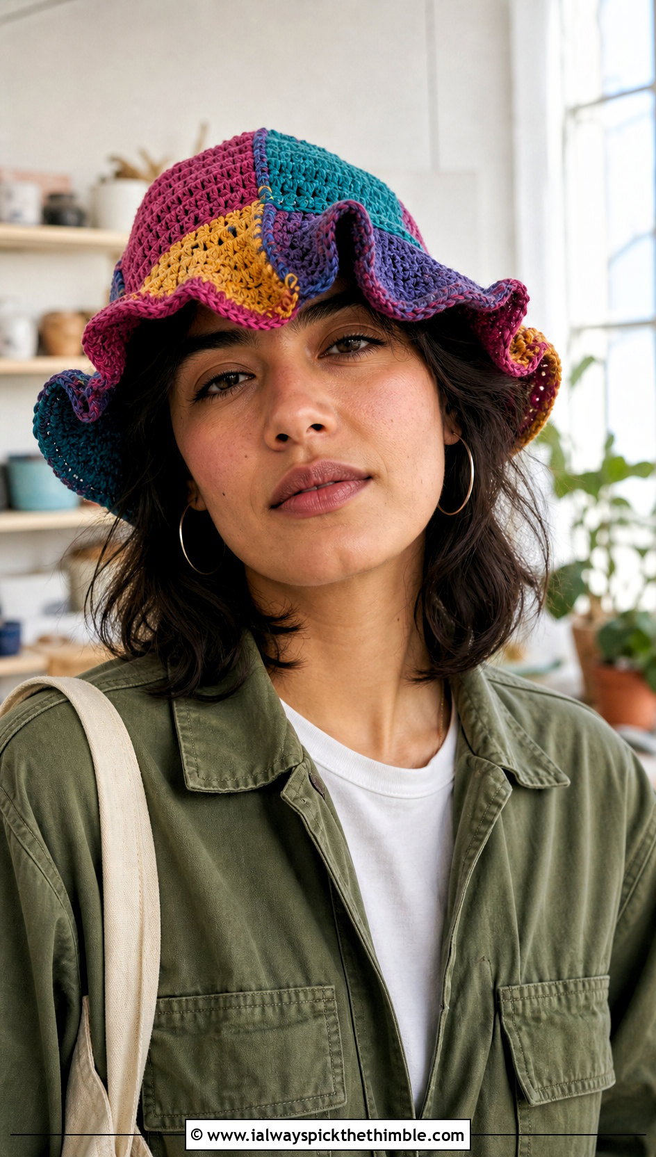 Patchwork Ruffled Crochet Bucket Hat With Utility Jumpsuit And Sneakers - 20 ruffled crochet bucket hat outfit ideas