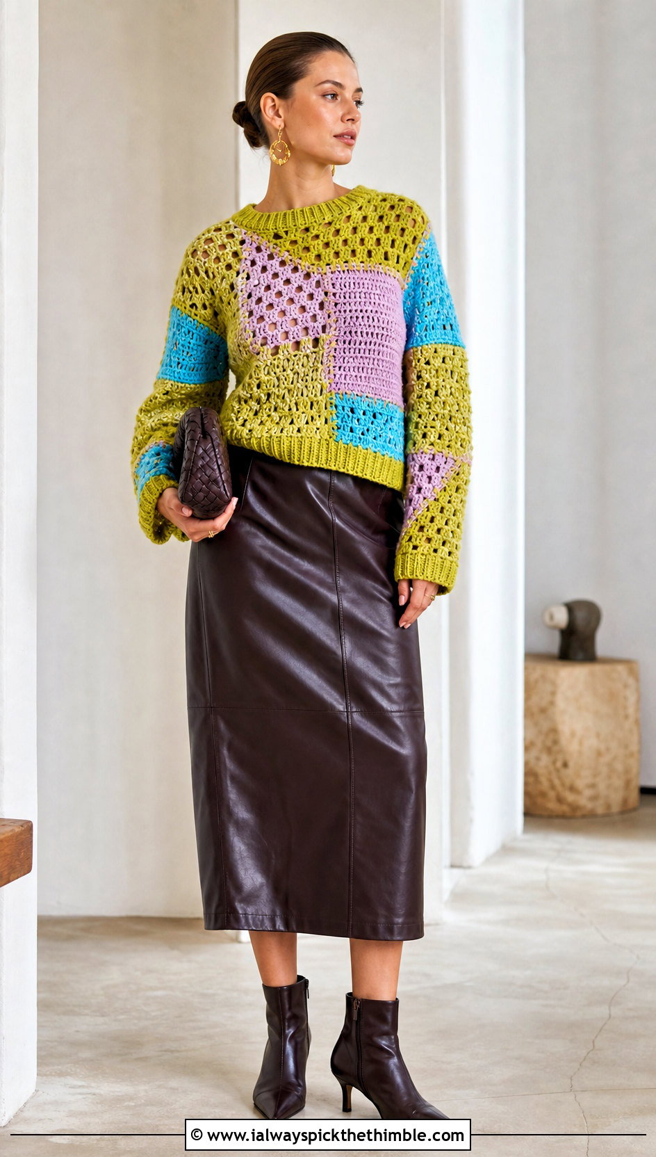 Patchwork Rustic Crochet Sweater With Leather Midi Skirt - 15 Rustic Crochet Sweater outfit ideas