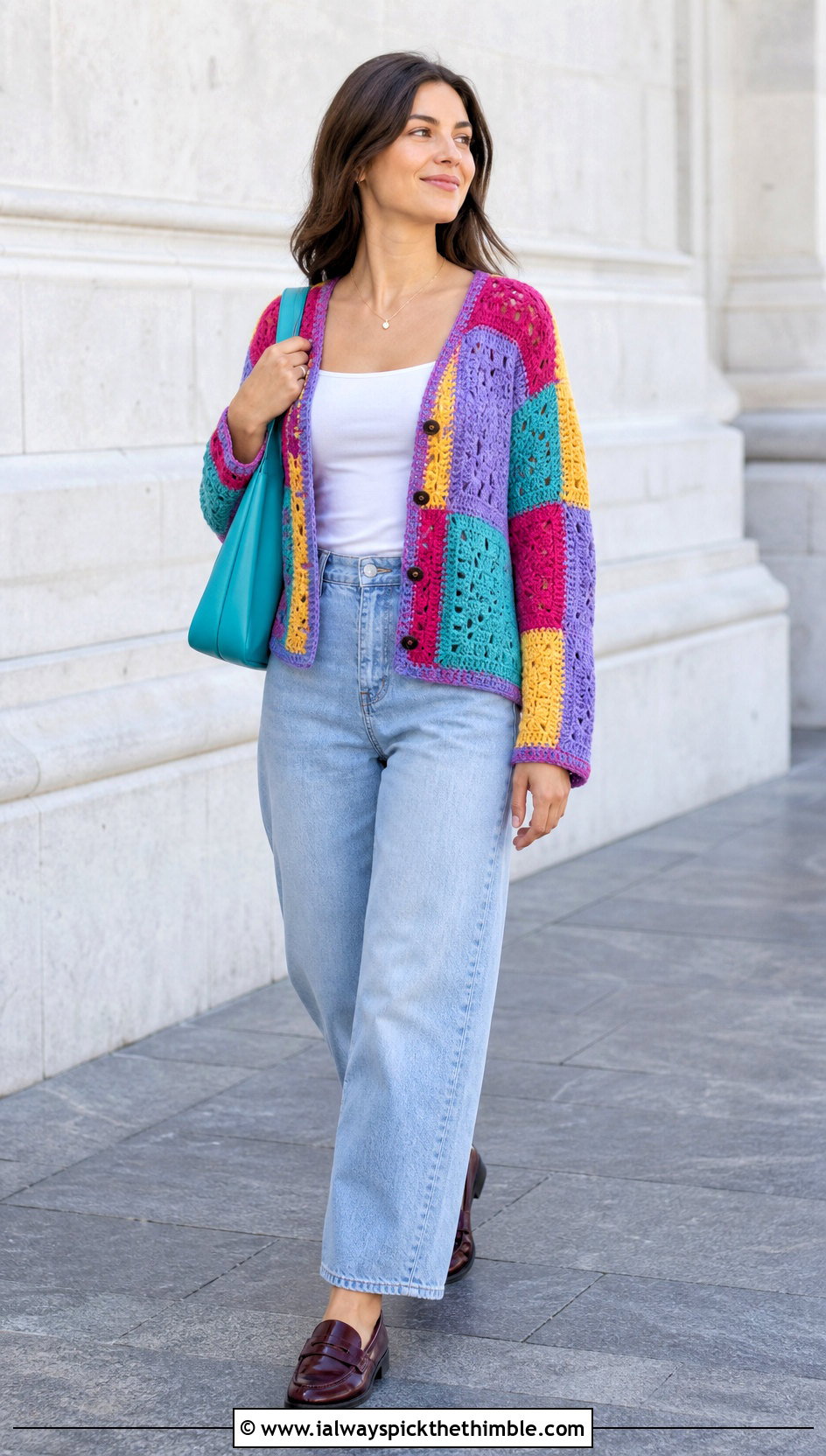 Patchwork Sally Cardigan With Barrel Leg Jeans - 20 Crochet Sally Cardigan outfit ideas