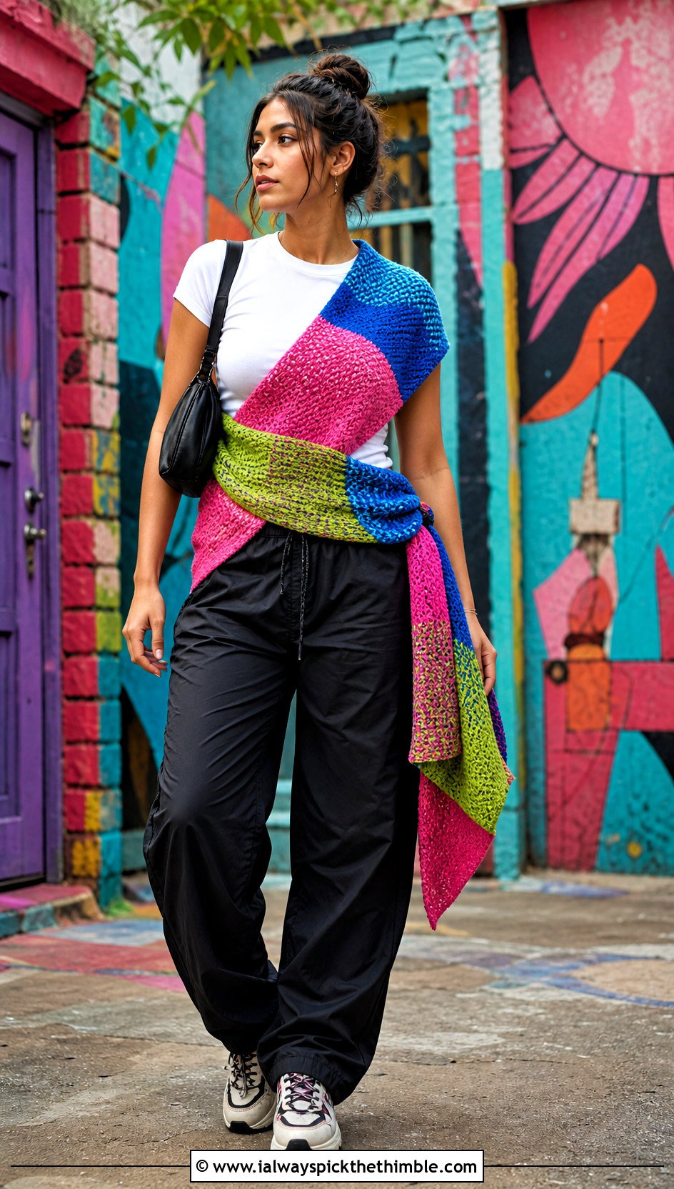 Patchwork Sampler Tunisian Wrap With Parachute Pants - 20 Tunisian Crochet Wrap outfit ideas
