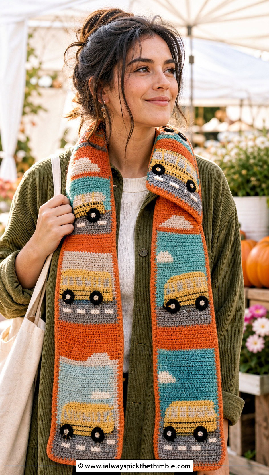 Patchwork School Bus Scarf With Corduroy Overshirt - 20 Crochet School Bus Scarf outfit ideas