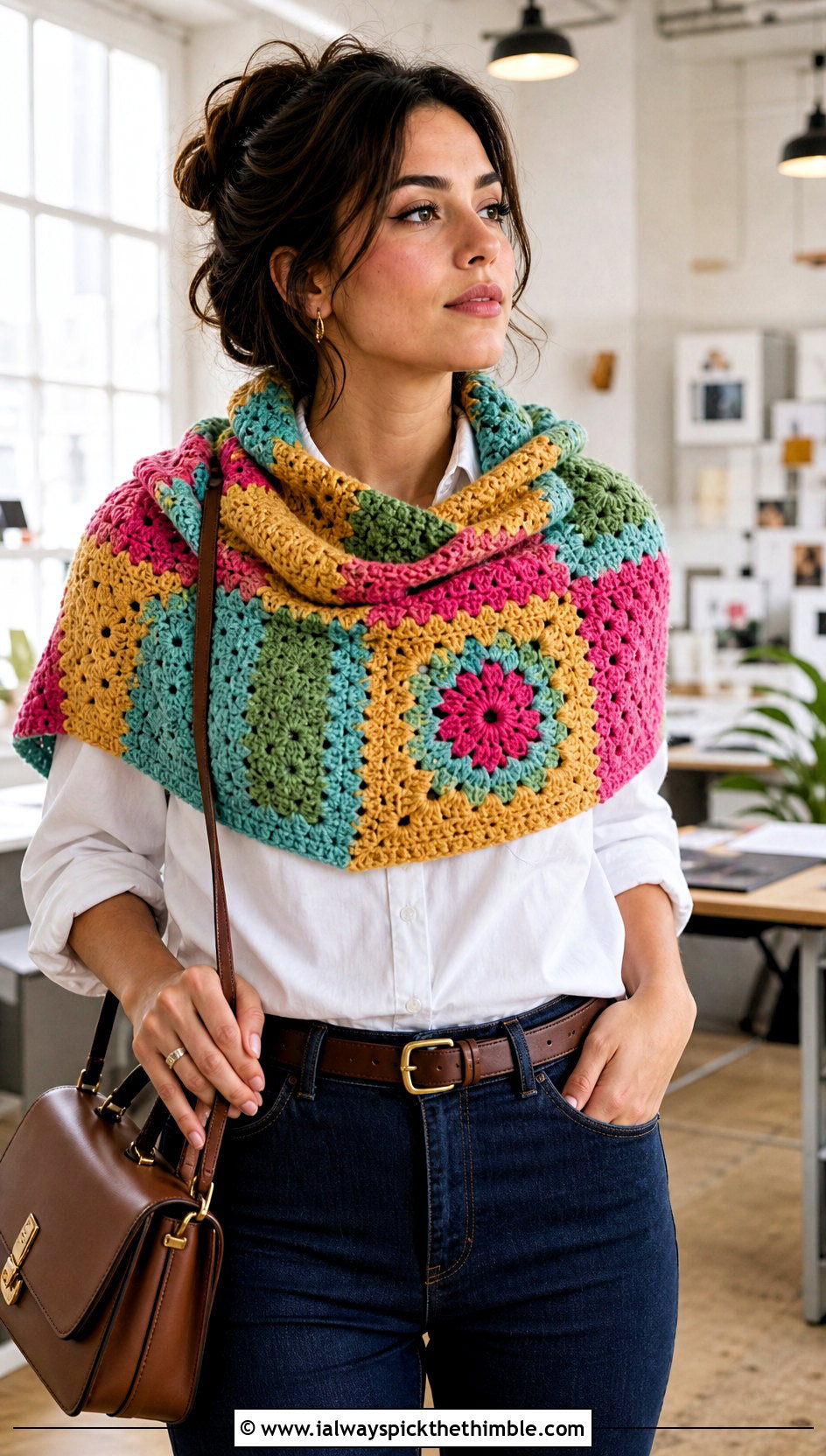 Patchwork Scoodie With White Shirt And Tailored Jeans - 25 crochet hooded scarf outfit ideas