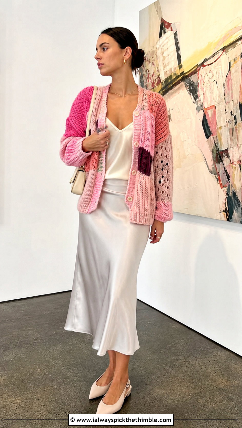Patchwork Scrap Cardigan With Satin Midi Skirt - 15 Crochet Scrap Cardigan outfit ideas