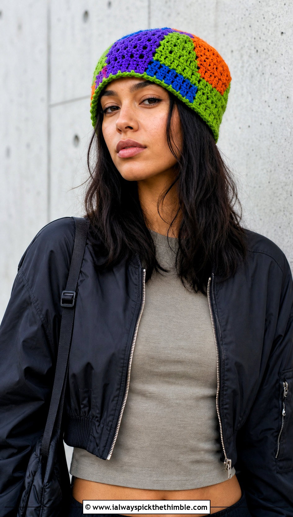 Patchwork Scrap Crochet Beanie With Bomber Jacket And Cargo Pants - 25 crochet scrap beanie outfit ideas