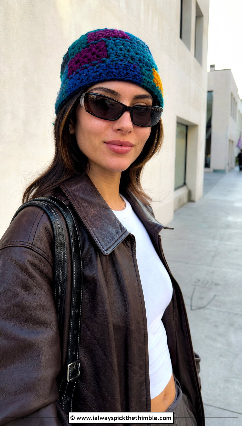 Patchwork Scrap Yarn Crochet Beanie With Leather Jacket - 20 scrap yarn crochet beanie outfit ideas