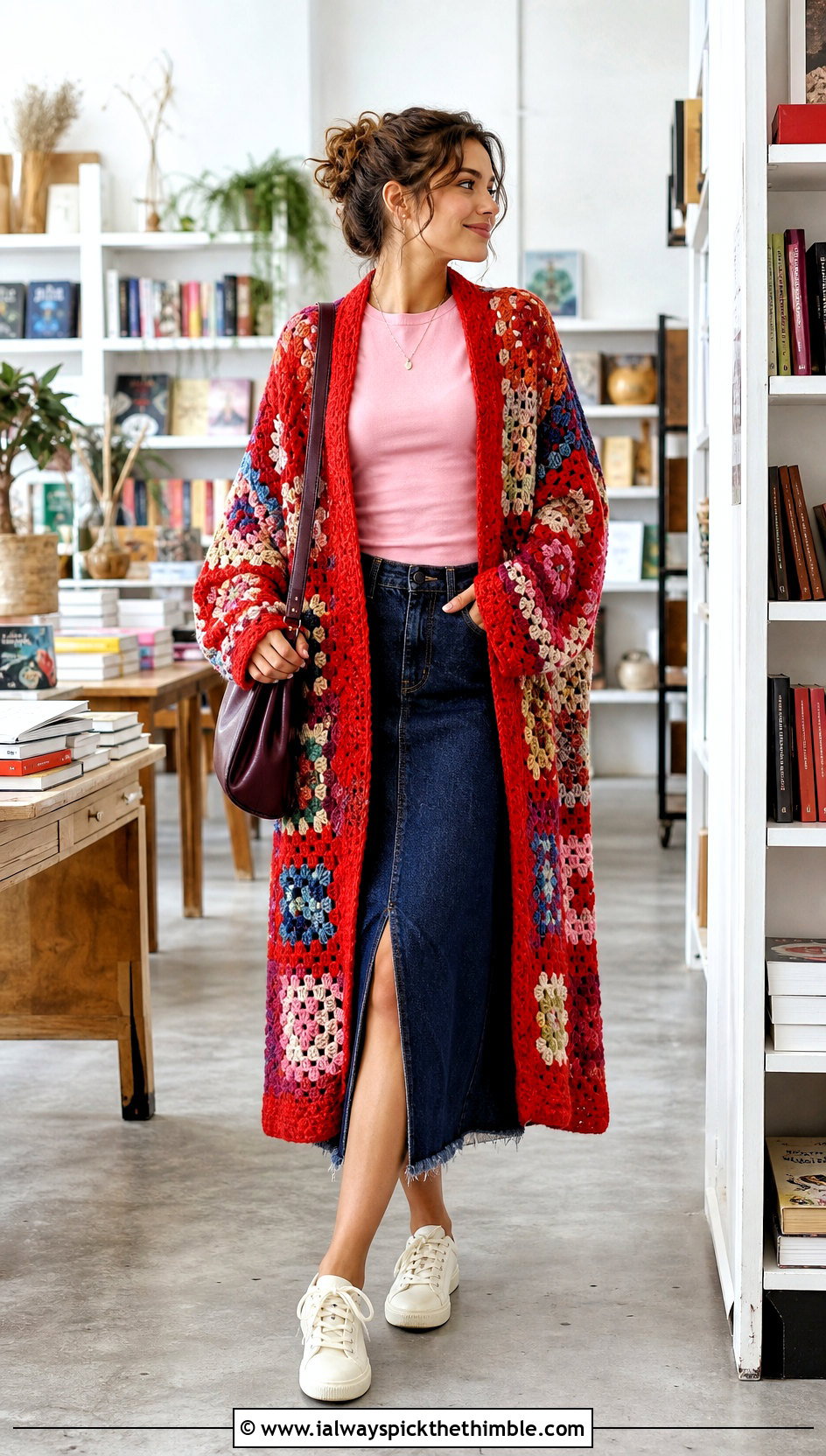 Patchwork Shawl Crochet Cardigan With Denim Midi Skirt - 20 Shawl Crochet Cardigan outfit ideas