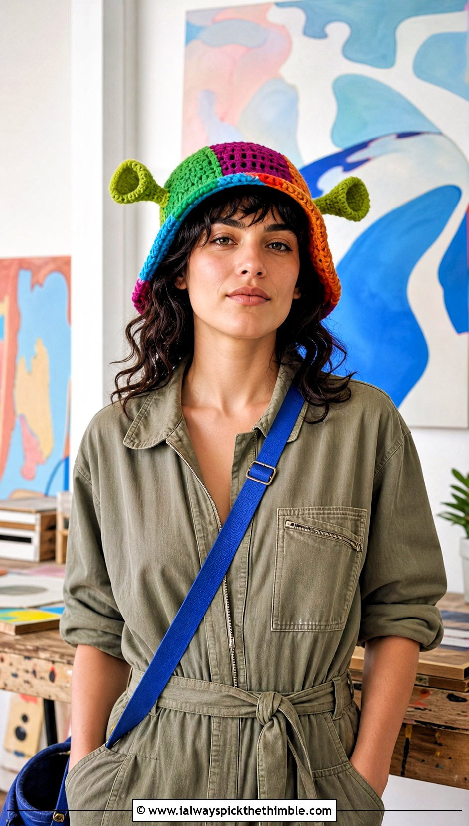 Patchwork Shrek Crochet Bucket Hat With Utility Jumpsuit - 20 shrek crochet bucket hat outfit ideas