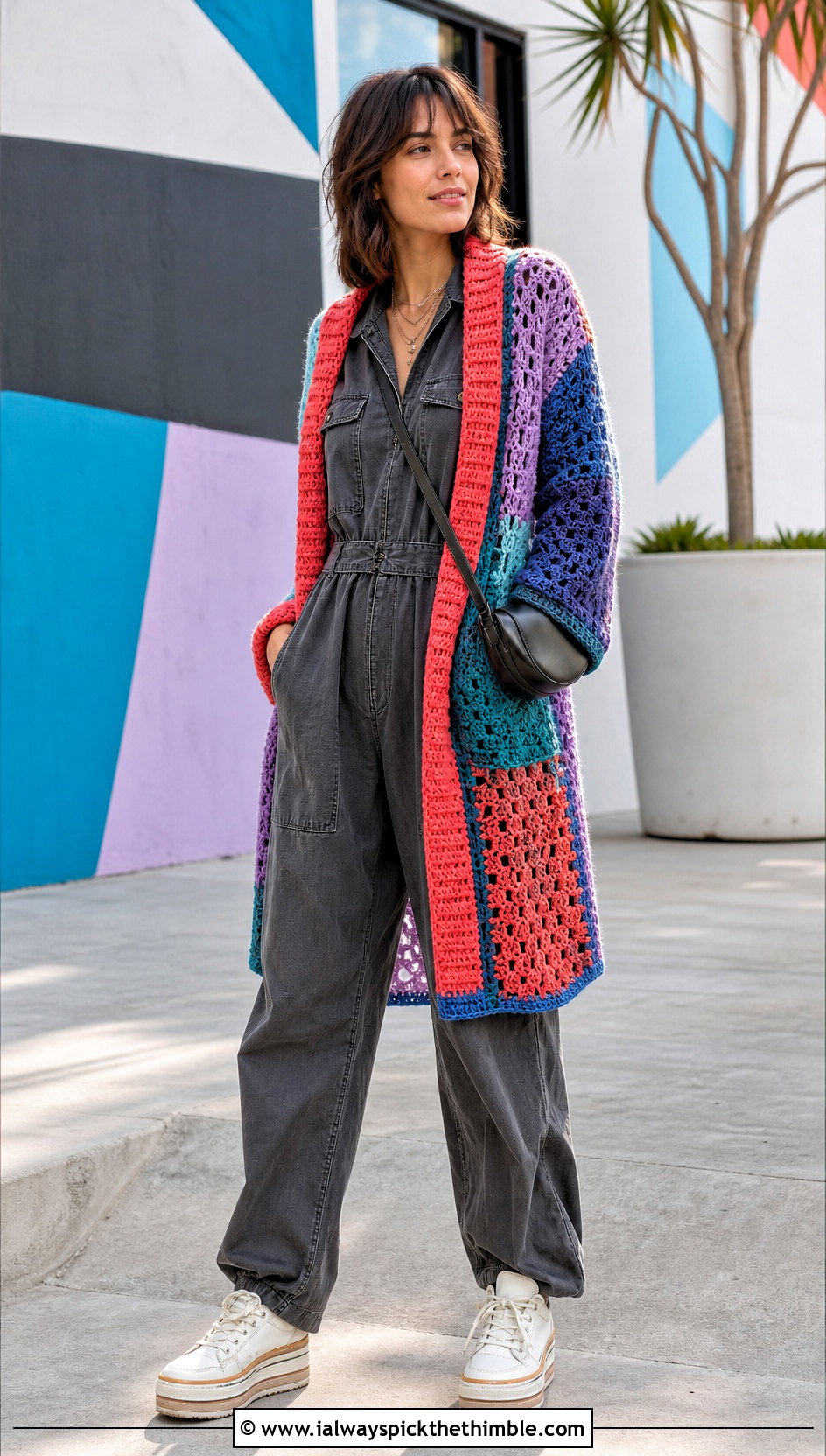 Patchwork Side To Side Crochet Cardigan With Utility Jumpsuit - 20 Side To Side Crochet Cardigan outfit ideas