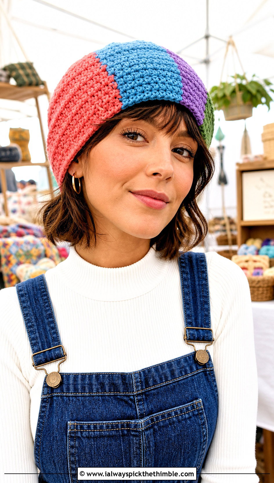 Patchwork Single Crochet Beanie With Denim Overalls - 25 single crochet beanie outfit ideas
