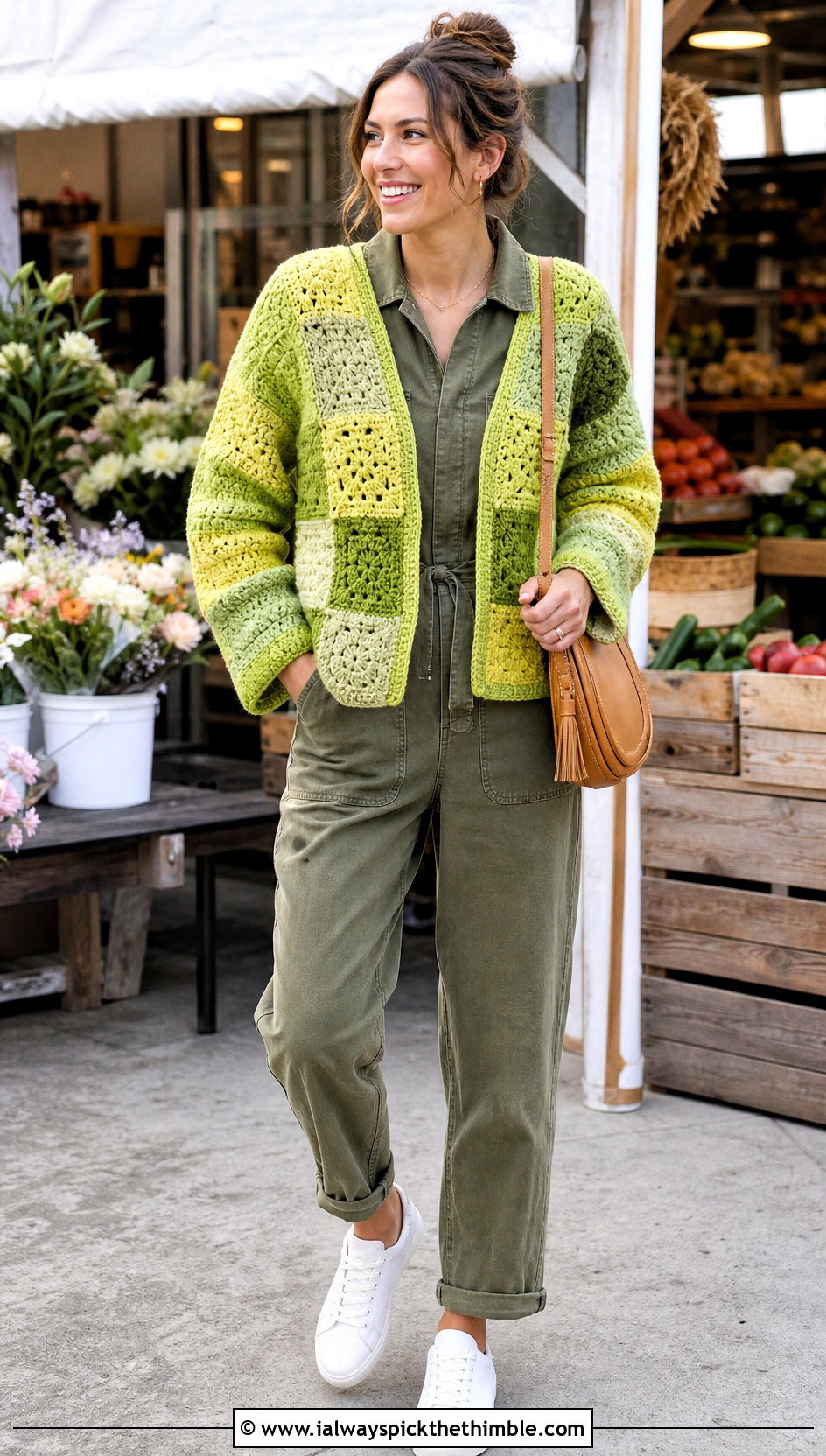 Patchwork Single Crochet Cardigan With Utility Jumpsuit - 20 single crochet cardigan outfit ideas
