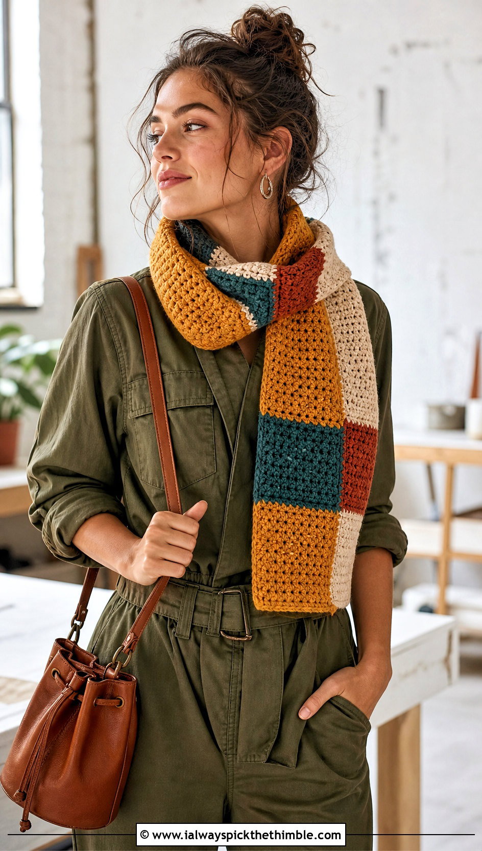 Patchwork Single Crochet Scarf With Utility Jumpsuit - 20 Single Crochet Scarf outfit ideas