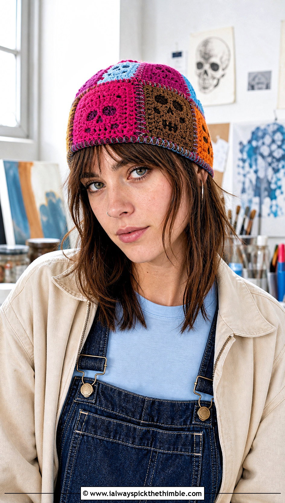 Patchwork Skull Crochet Beanie With Denim Overalls - 20 crochet skull beanie outfit ideas