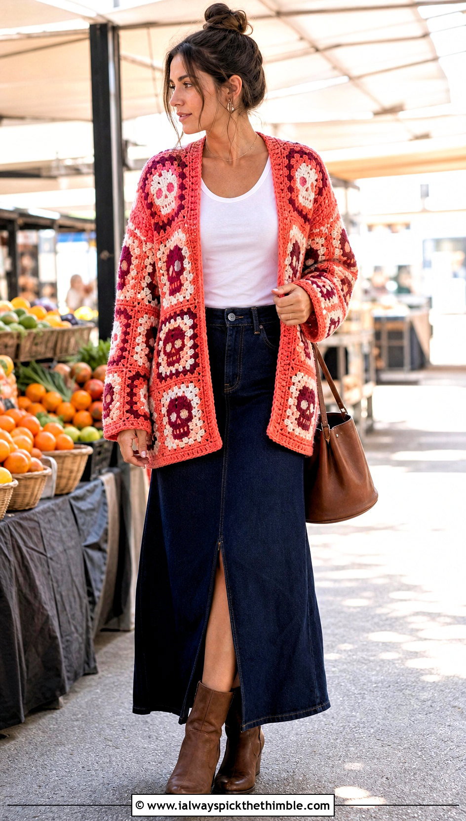 Patchwork Skull Granny Square Cardigan With Denim Maxi Skirt - 20 skull granny square cardigan outfit ideas