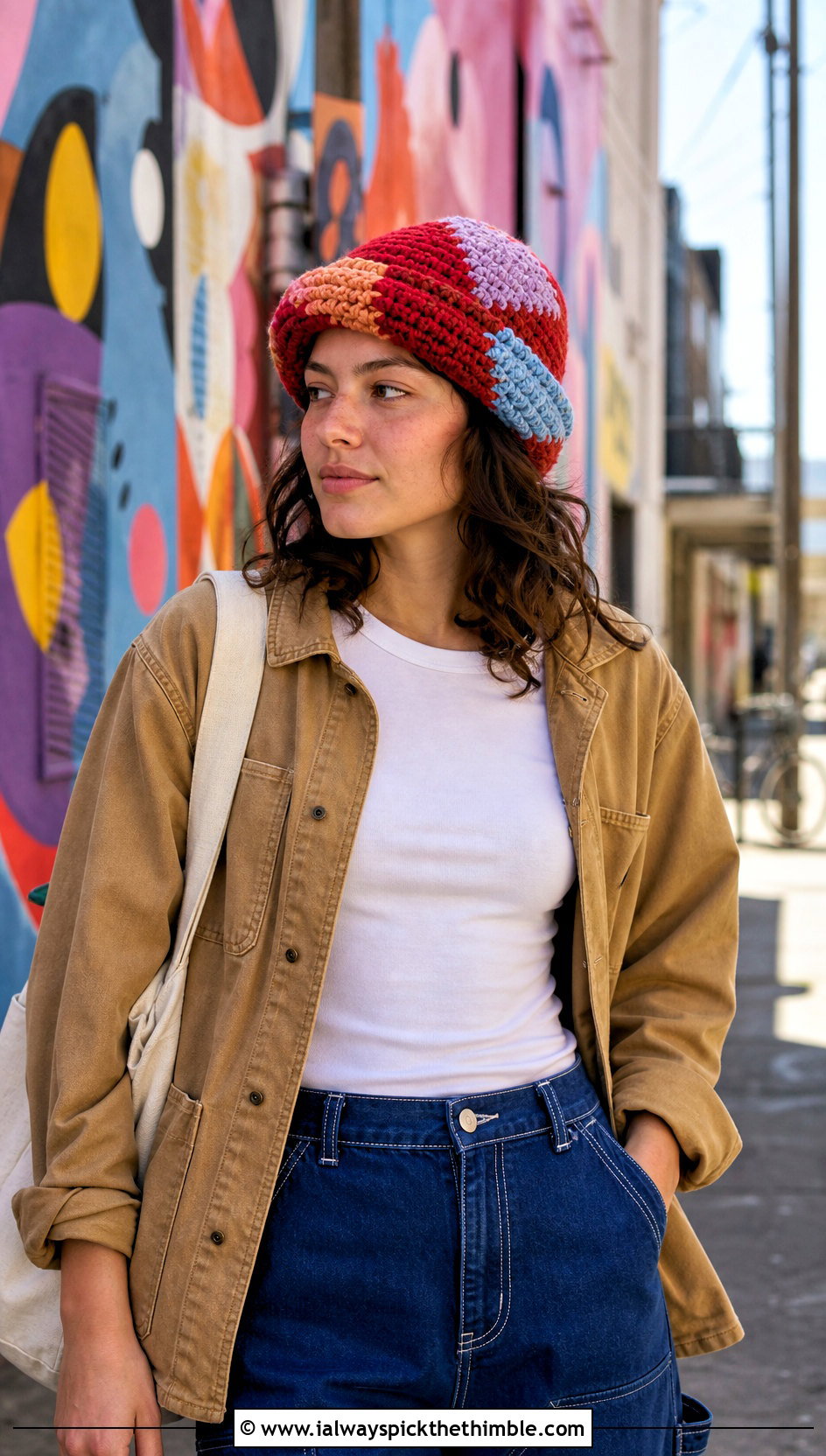 Patchwork Slouch Crochet Hat With Chore Jacket And Carpenter Jeans - 20 slouch crochet hat outfit ideas