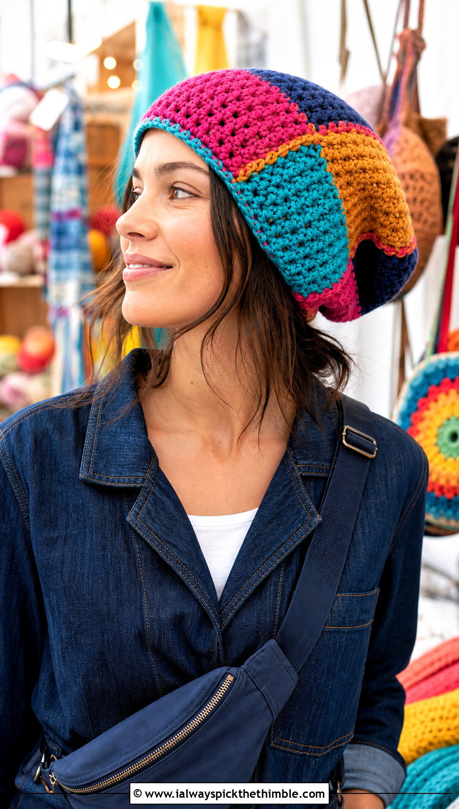 Patchwork Slouchy Crochet Beanie With Denim Jumpsuit - 25 slouchy crochet beanie outfit ideas