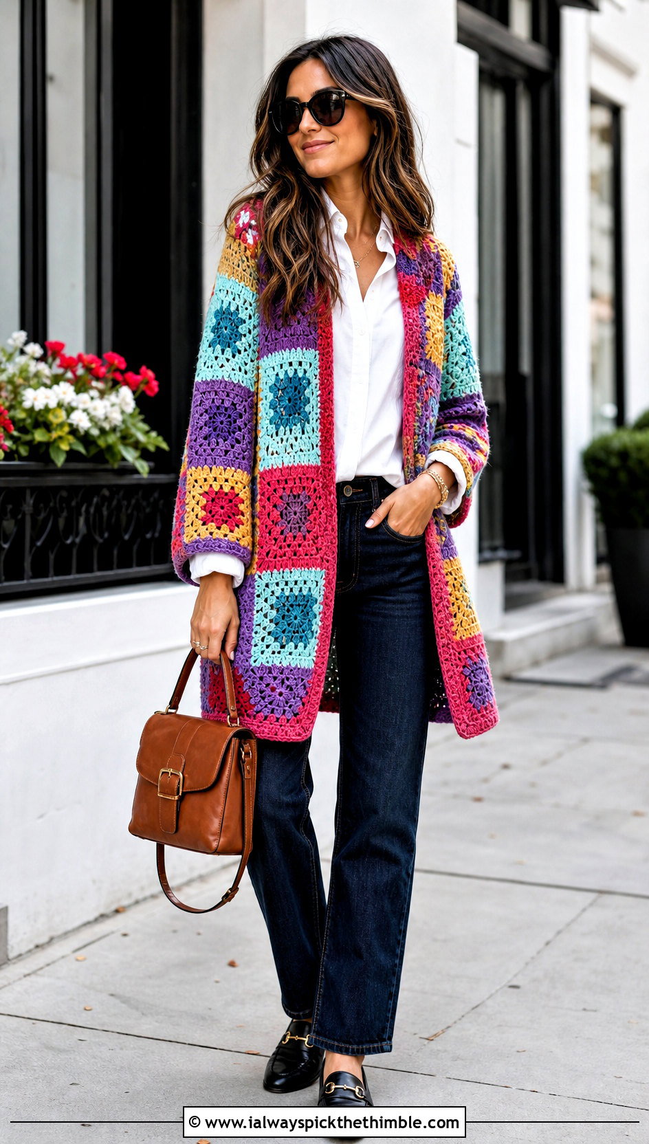 Patchwork Slouchy Crochet Cardigan With A White Shirt And Jeans - 20 Slouchy Crochet Cardigan outfit ideas
