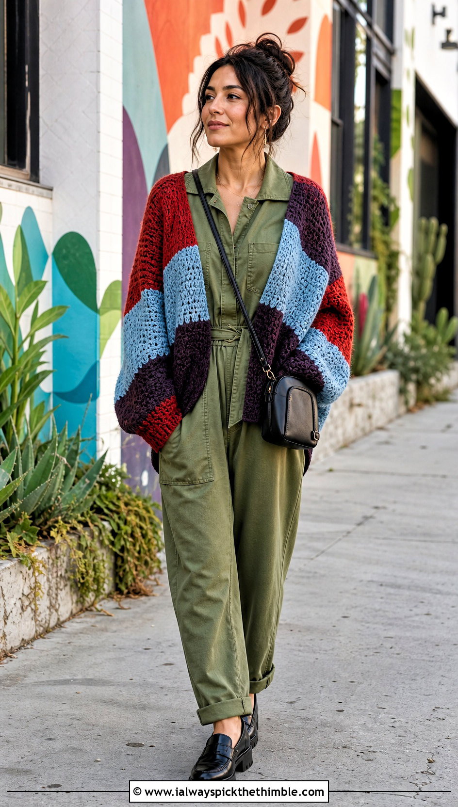 Patchwork Slouchy Crochet Sweater With Utility Jumpsuit - 15 Super Slouchy Crochet Sweater outfit ideas