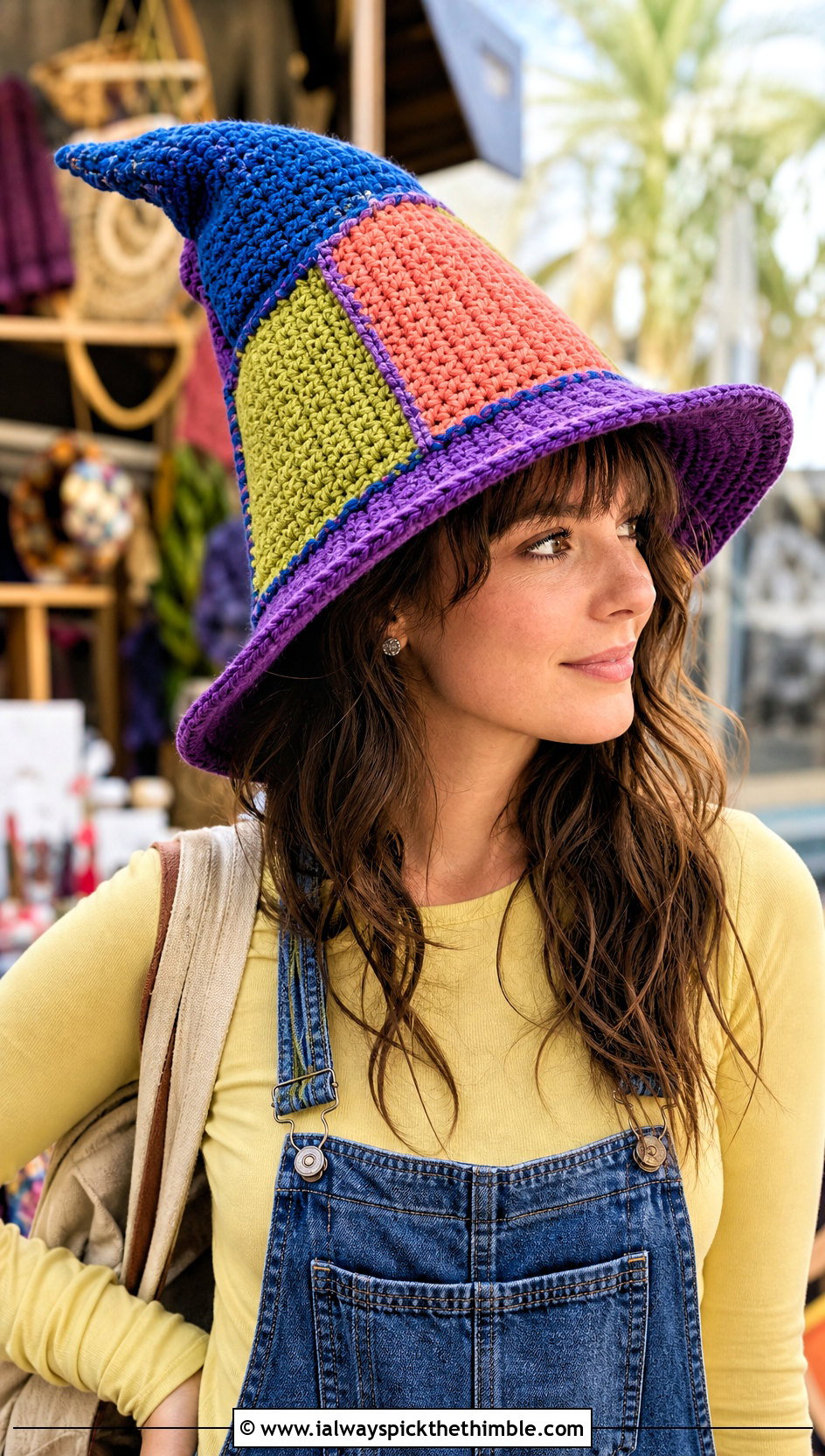 Patchwork Slouchy Crochet Witch Hat With Denim Overalls - 20 slouchy crochet witch hat outfit ideas