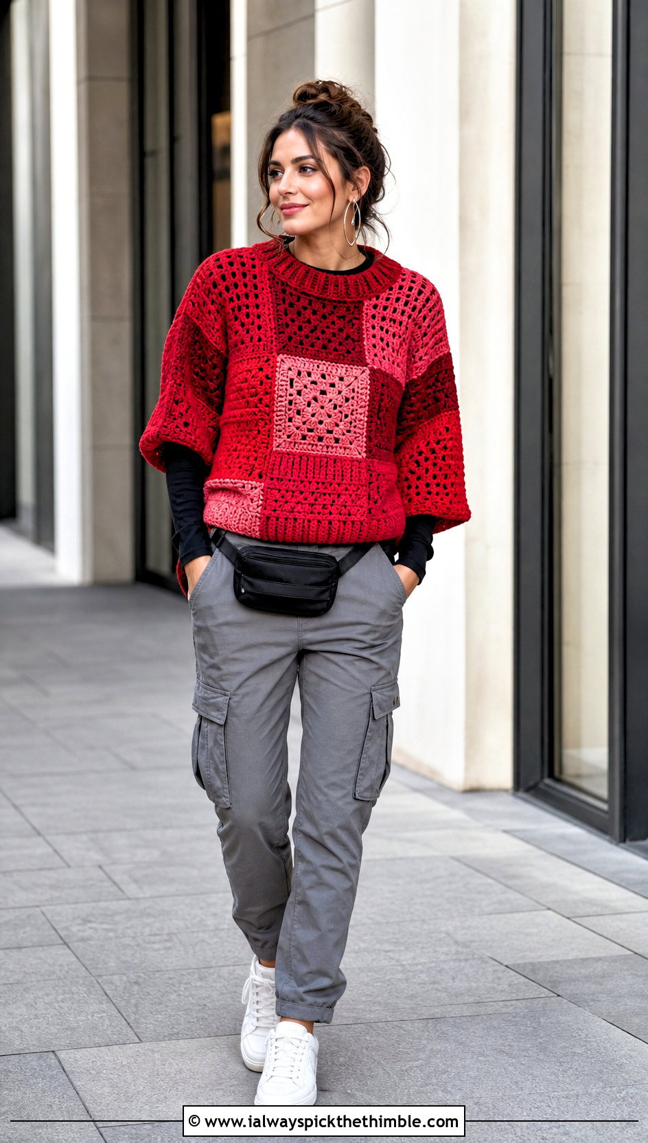 Patchwork Sofa Crochet Sweater With Cargo Pants - 15 sofa crochet sweater outfit ideas