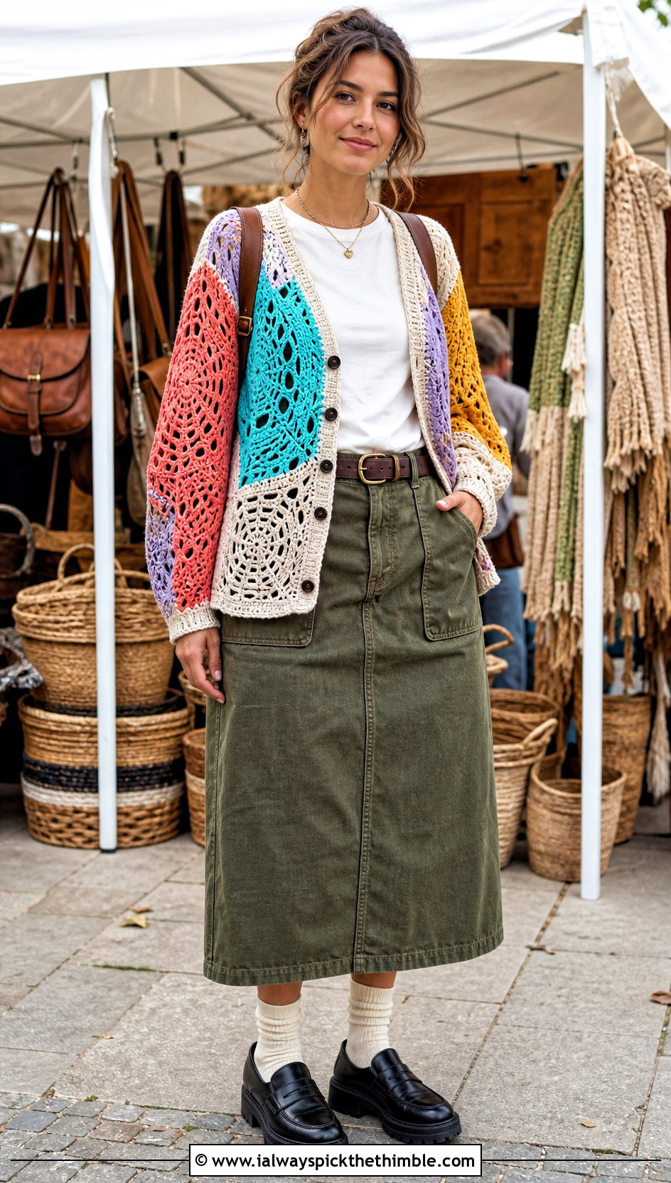 Patchwork Spider Web Cardigan With Utility Skirt - 20 Crochet Spider Web Cardigan outfit ideas