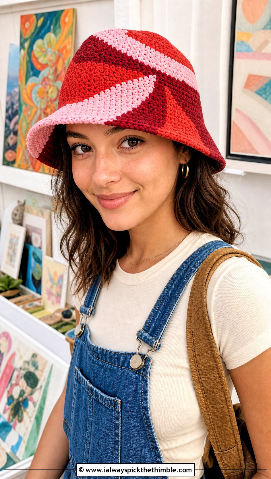 Patchwork Spiral Crochet Bucket Hat With Overalls - 20 crochet swirl hat outfit ideas