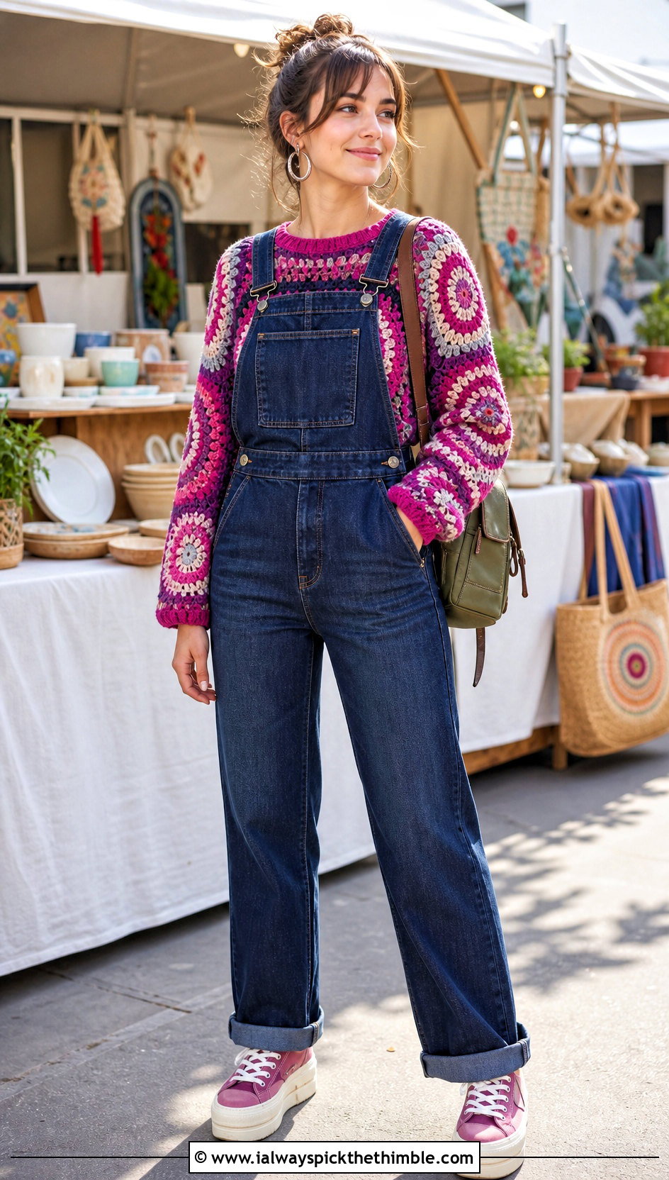 Patchwork Spiral Crochet Sweater With Denim Overalls - 25 spiral crochet sweater outfit ideas