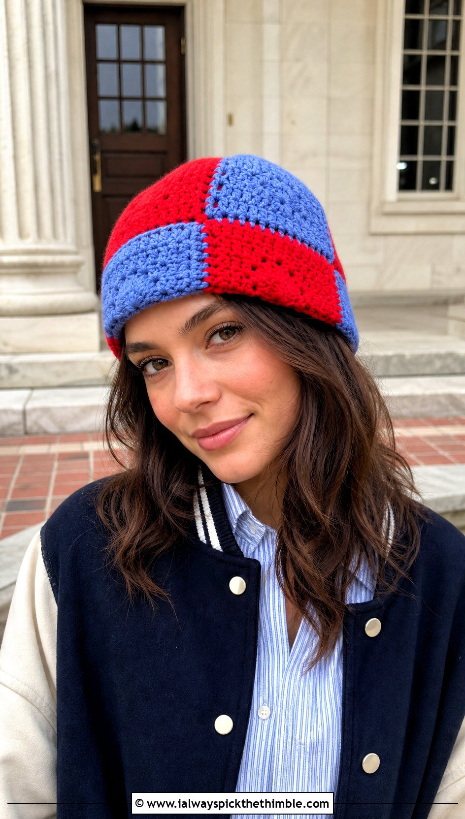 Patchwork Split Color Crochet Beanie With Varsity Jacket - 15 Split Color Crochet Beanie outfit ideas