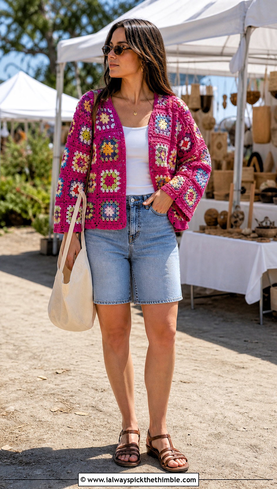 Patchwork Sport Weight Crochet Cardigan With Denim Shorts - 20 Crochet Cardigan Sport Weight Yarn outfit ideas