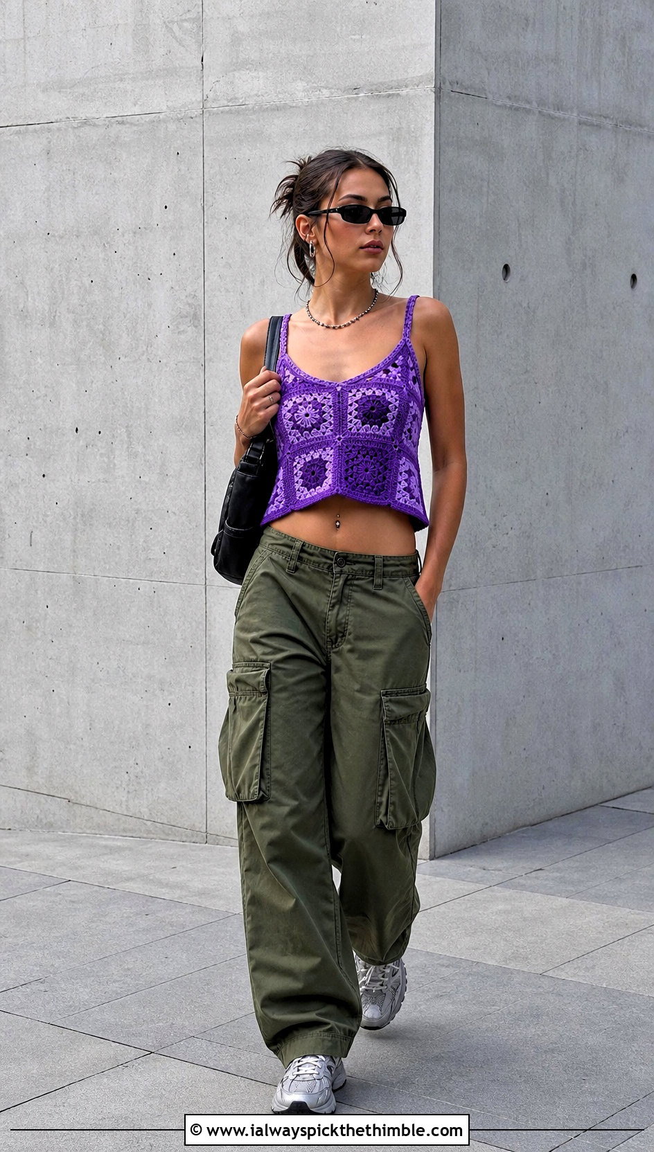 Patchwork Square Crochet Cami With Cargo Pants - 20 Square Crochet Top outfit ideas