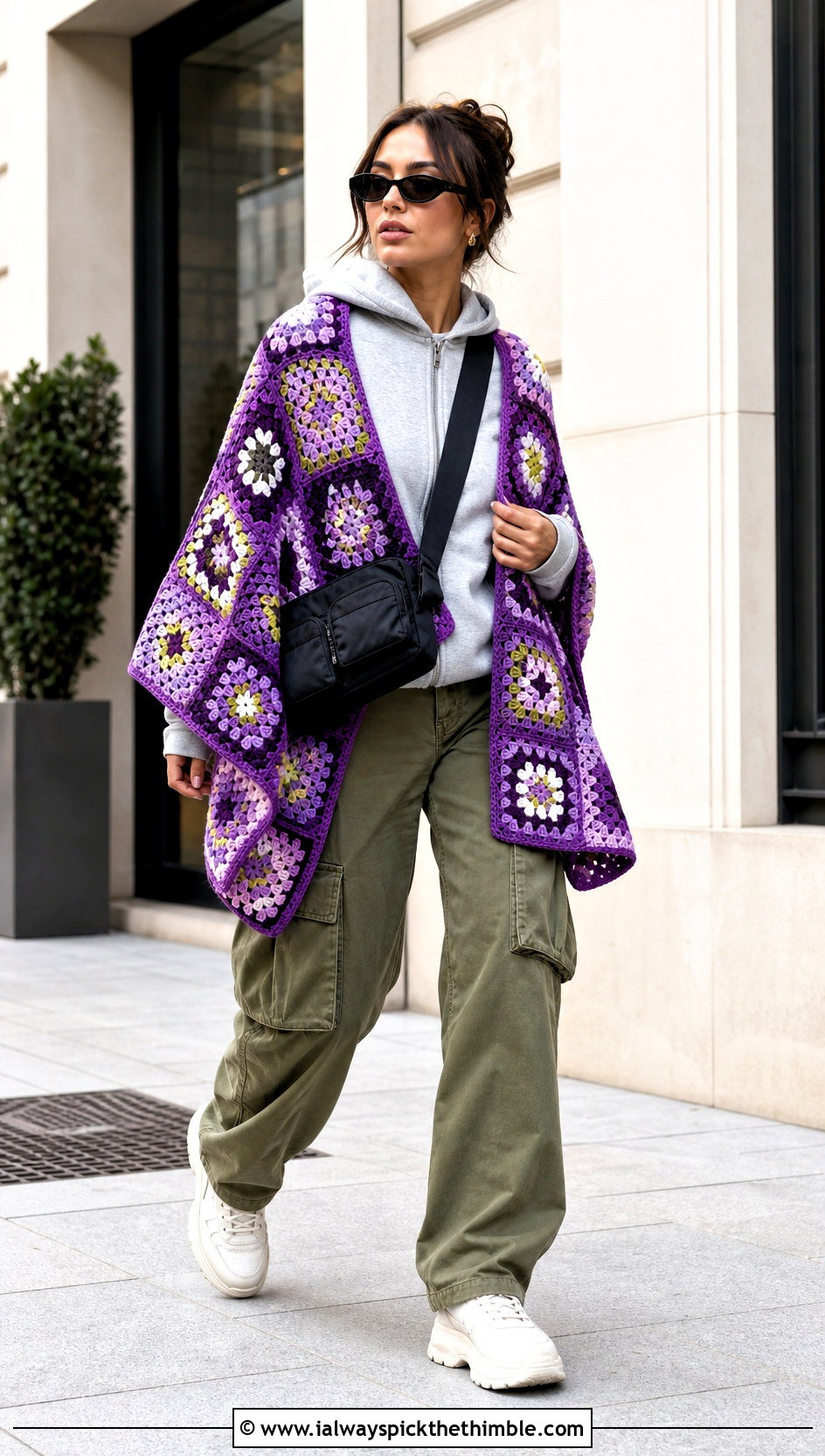 Patchwork Square Crochet Shawl With Hoodie And Cargo Pants - 20 Square Crochet Shawl outfit ideas
