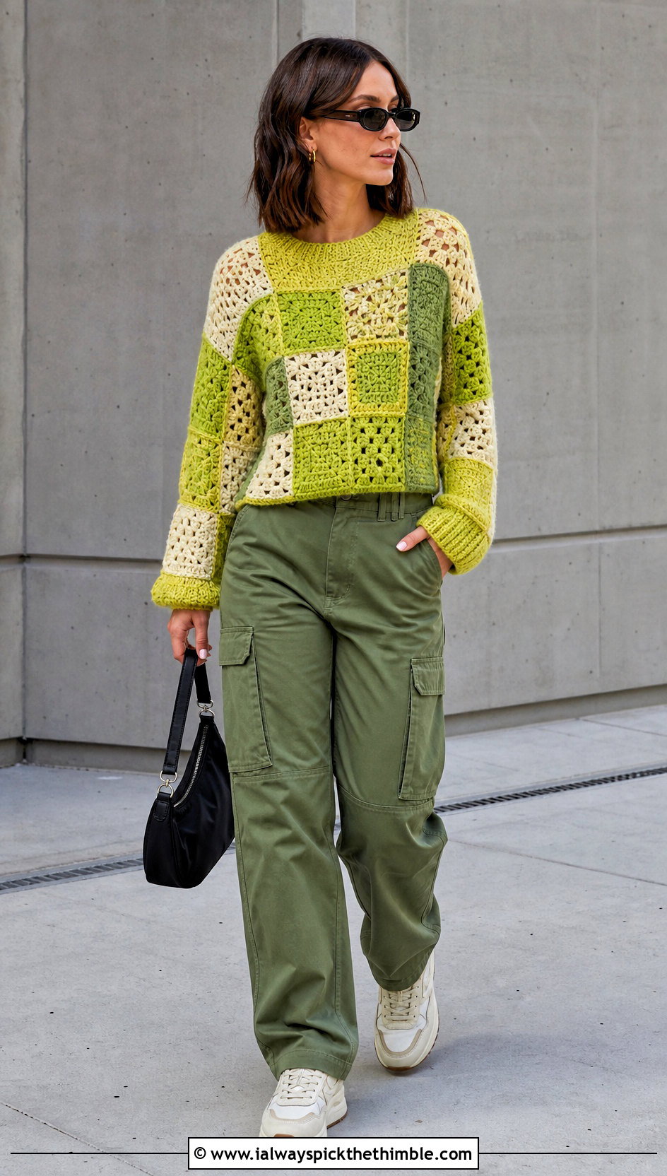 Patchwork Square Jumper With Cargo Pants - 20 crochet square jumper outfit ideas
