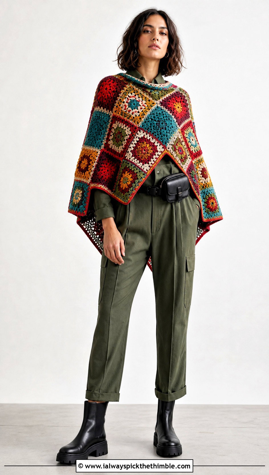 Patchwork Square Poncho With Utility Jumpsuit - 20 crochet square poncho outfit ideas