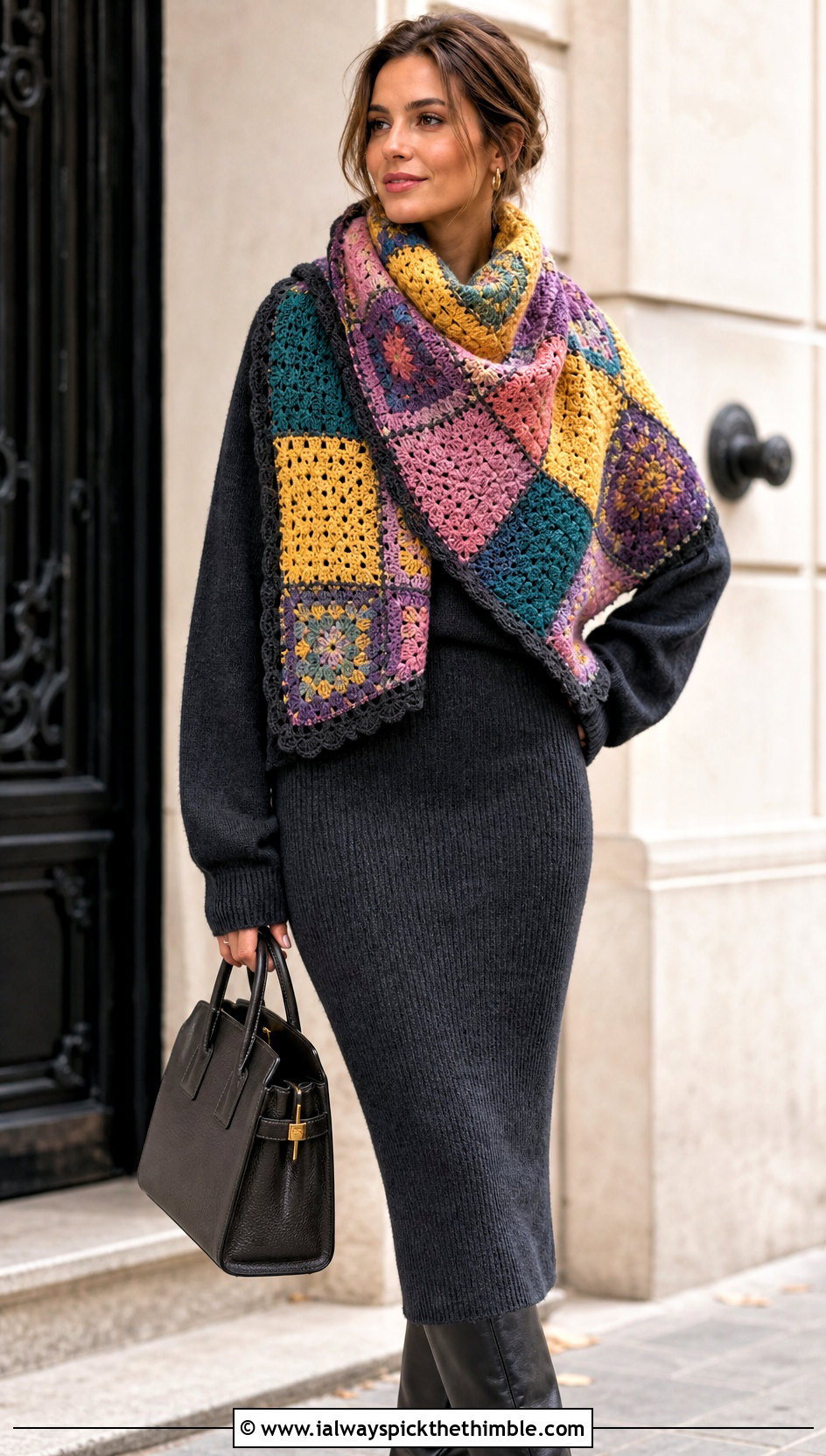 Patchwork Square Scarf With Monochrome Knit Set And Boots - 20 crochet scarf squares outfit ideas