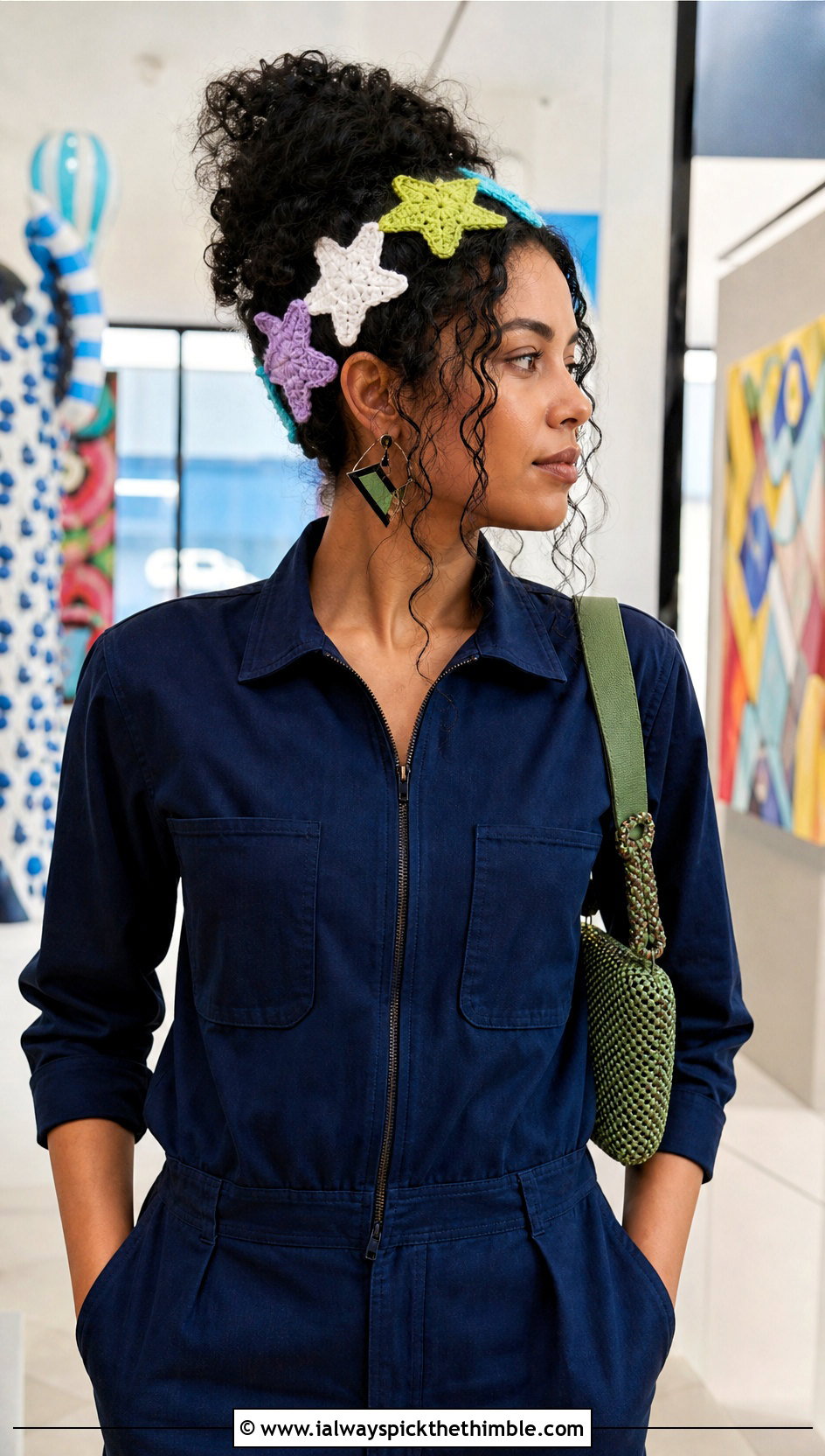 Patchwork Star Headband With Utility Jumpsuit - 20 crochet star headband outfit ideas