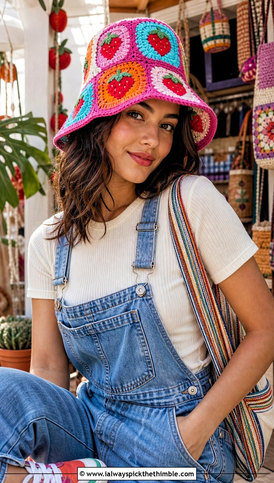 Patchwork Strawberry Crochet Bucket Hat With Denim Overalls - 15 strawberry crochet bucket hat outfit ideas