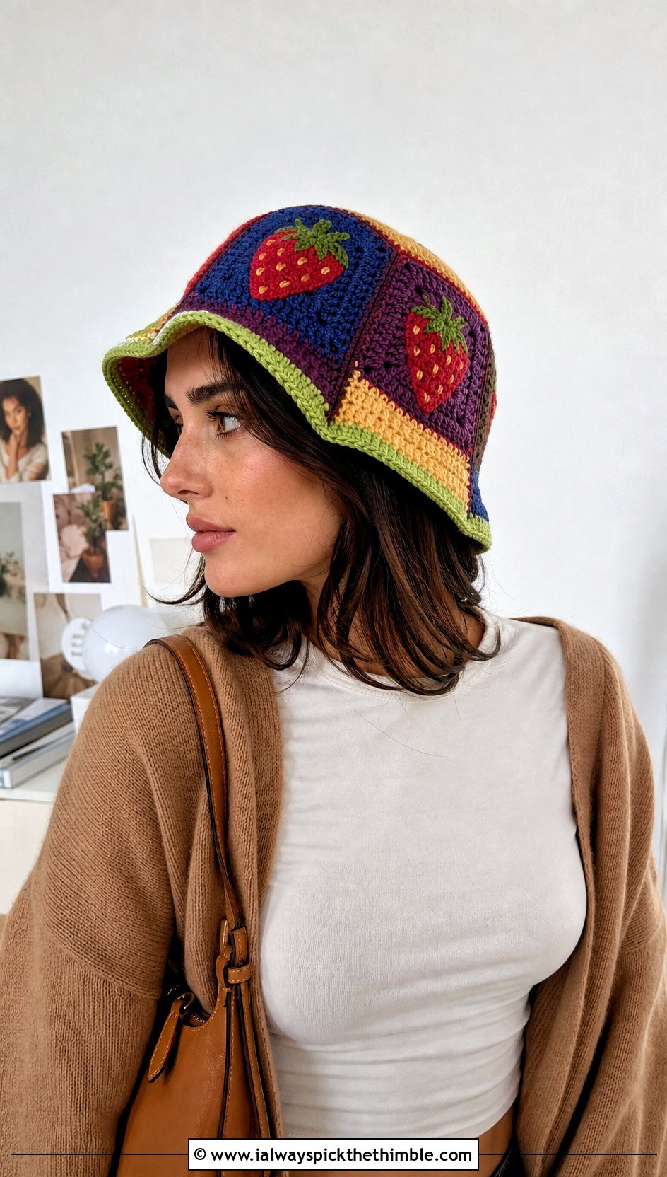 Patchwork Strawberry Crochet Hat With Neutral Separates - 20 strawberry crochet hat outfit ideas