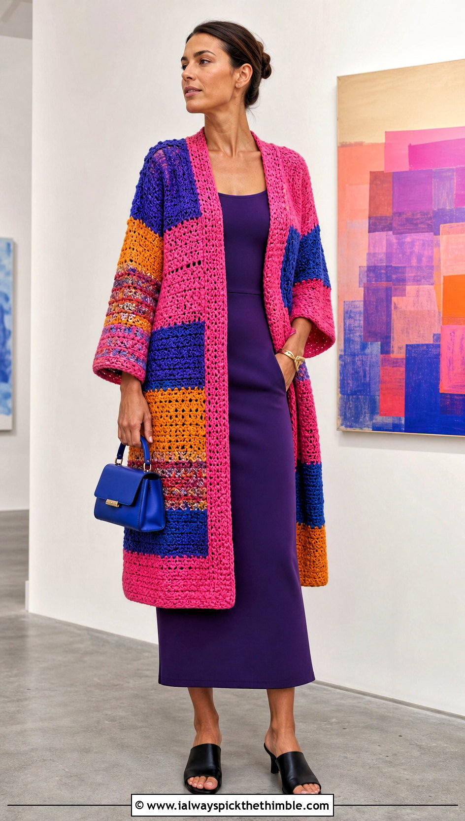 Patchwork Stripe Crochet Cardigan With Column Dress - 25 crochet striped cardigan outfit ideas