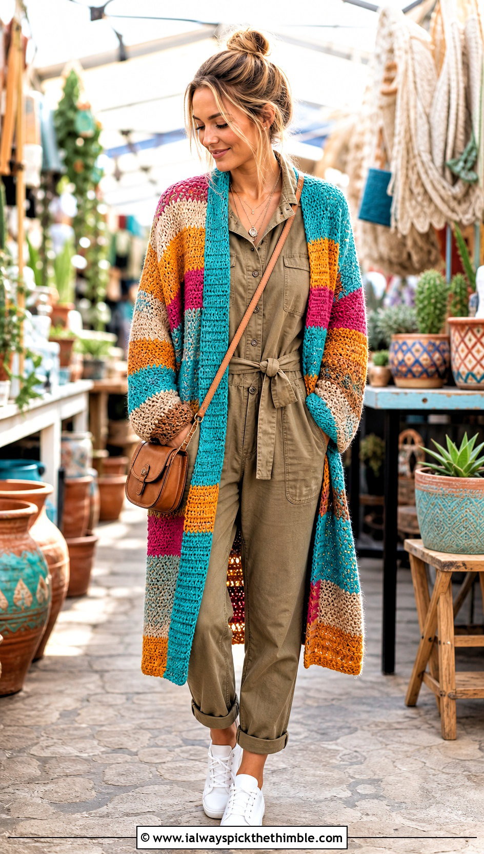 Patchwork Stripe Crochet Cardigan With Utility Jumpsuit - 20 striped crochet cardigan outfit ideas