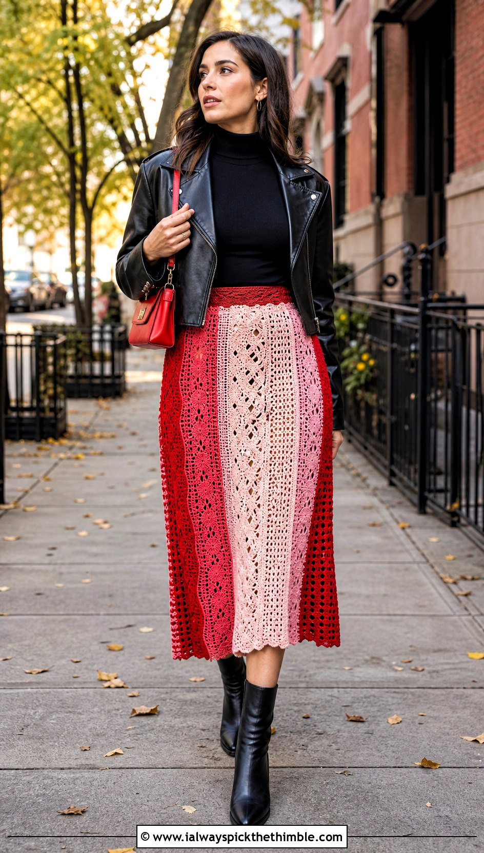 Patchwork Stripe Crochet Midi Skirt With Leather Jacket - 15 crochet striped skirt on hanger outfit ideas