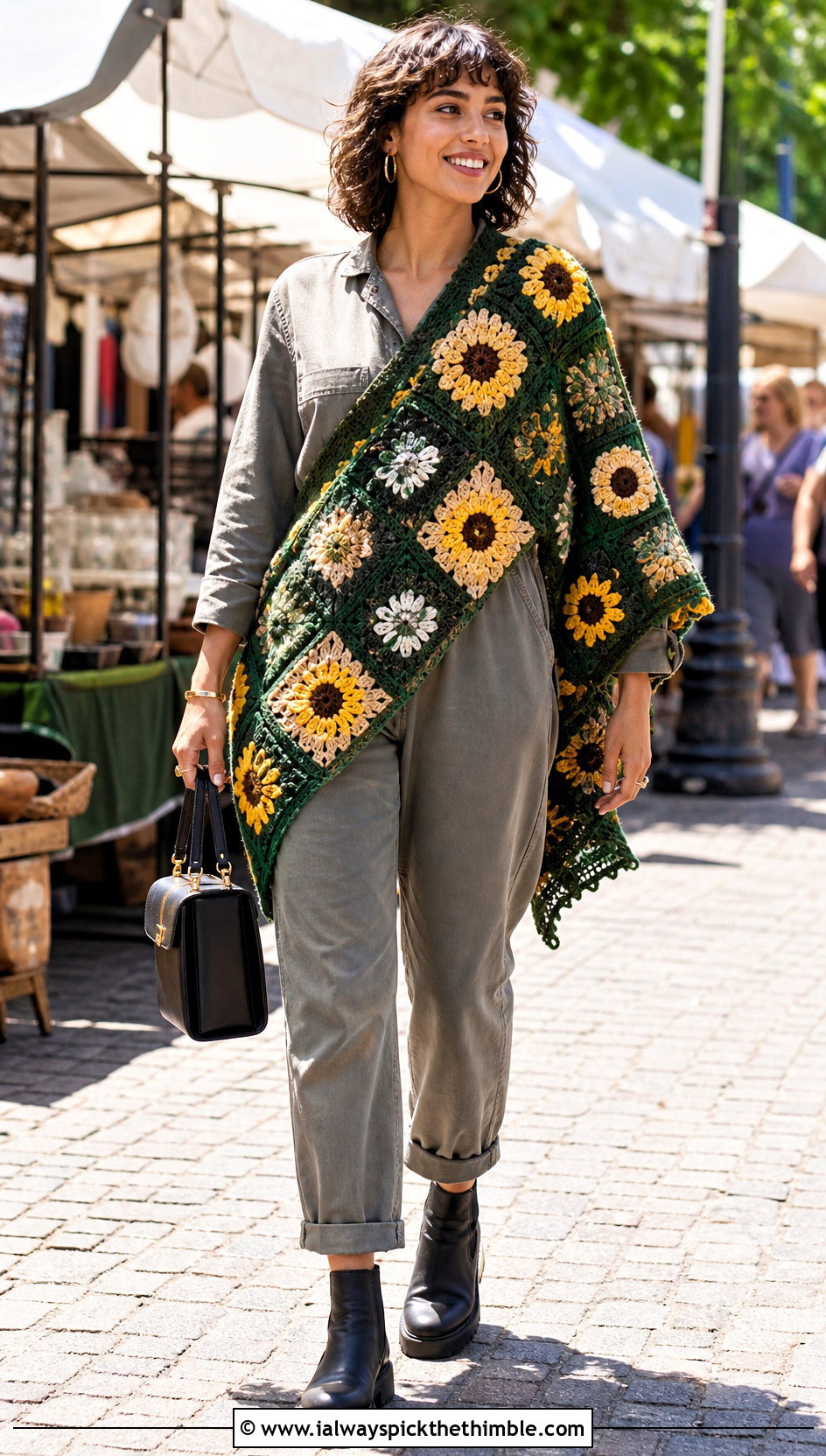 Patchwork Sunflower Crochet Shawl With Utility Jumpsuit - 20 Sunflower Crochet Shawl outfit ideas