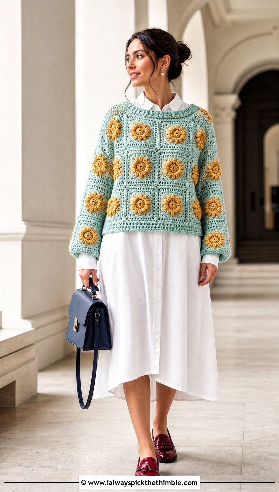 Patchwork Sunflower Granny Square Pullover Sweater Over Shirt Dress - 15 Sunflower Granny Square Pullover Sweater outfit ideas
