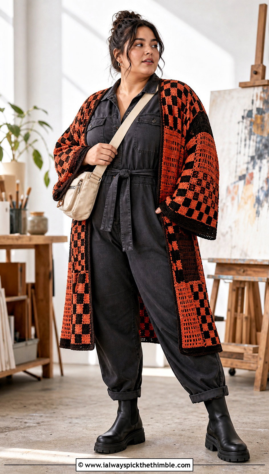 Patchwork Tanjiro Crochet Kimono With Utility Jumpsuit - 20 tanjiro crochet kimono outfit ideas