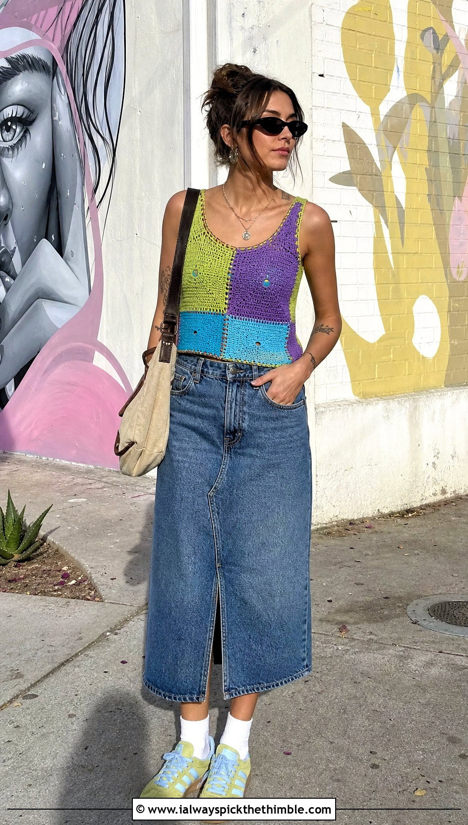 Patchwork Tank Crochet Grunge Top With Denim Midi Skirt - 20 crochet grunge top outfit ideas
